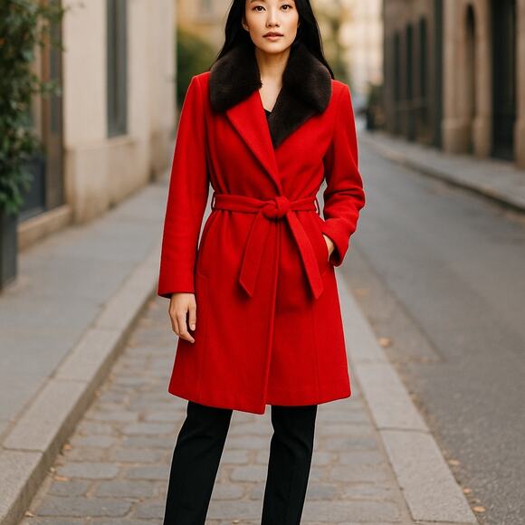 J Jason Wu Tailored Belted Coat Red Faux Fur Collar Plus Size 1X - Picture 1 of 8